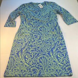 J. McLaughlin Catalyst Dress Blue and Green Leaf Patterned Dress Sz S